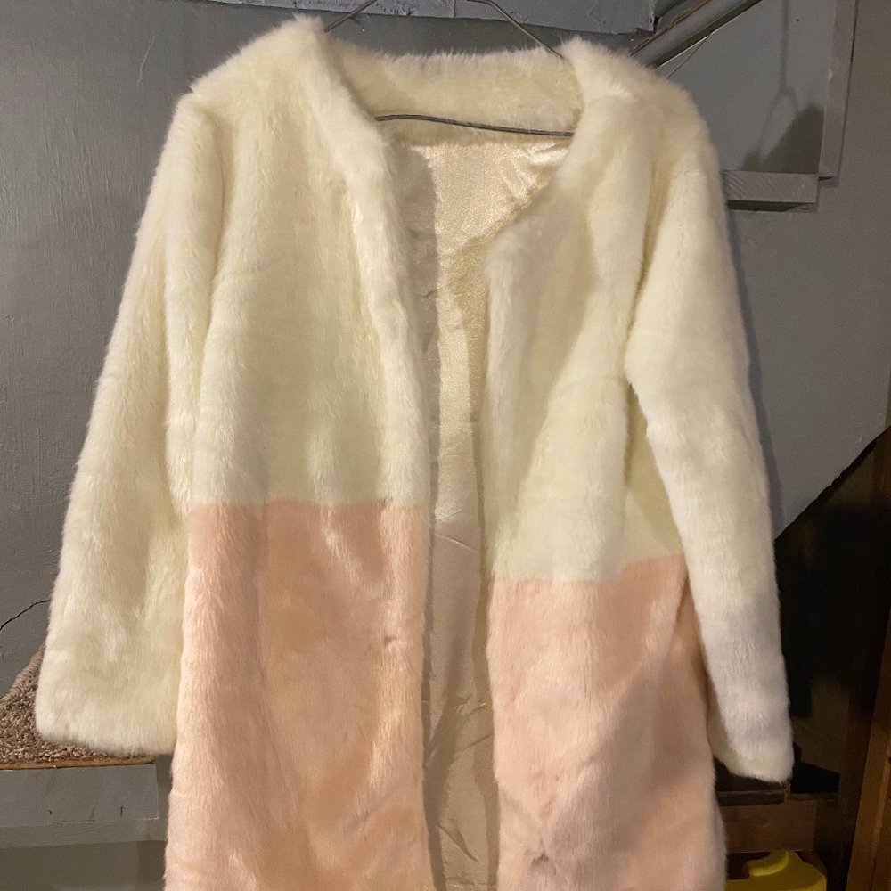 Cream and Pink Faux Fur Coat